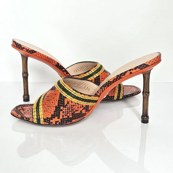 Gucci Bamboo Heel Slide Sandal Heels Orange Python Leather Size 39 Made in Italy - Picture 4 of 10
